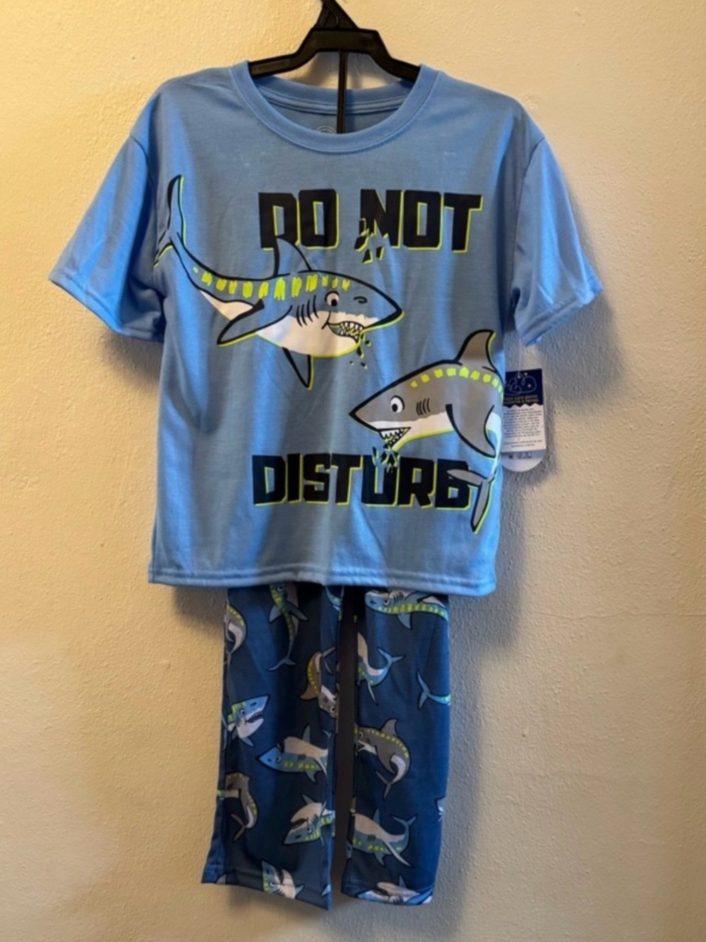 Wonder Nation Boys Shark Pajama Set, Do Not Disturb Blue Tee & Pants, Size 6/7